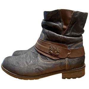 REMONTE Women's 38/US 7 Black Brown Leather Biker Boots Slouchy Zip